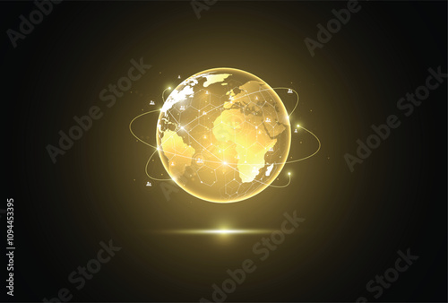 Abstract global network connection on gold background. World map point and line composition concept of global business