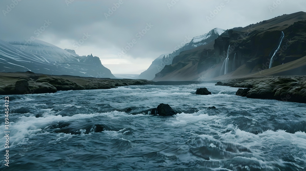 Stunning Icelandic scenery with a flowing river and majestic mountains Stunning Icelandic scenery with a flowing river and majestic mountains
