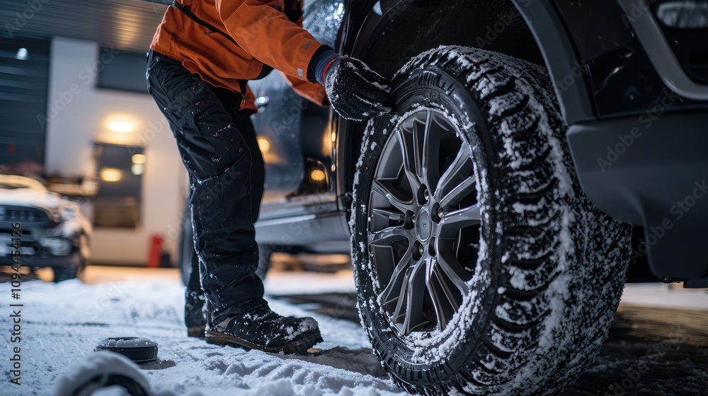 Mechanic Installing Winter Tires in Garage for Safe Winter Driving Preparation Mechanic Installing Winter Tires in Garage for Safe Winter Driving Preparation