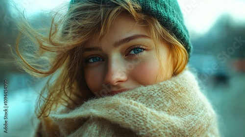 Cozy Winter Portrait of a Young Woman with Soft Blonde Waves and Blue Eyes: Perfect for Home Décor or Sports Interior Posters