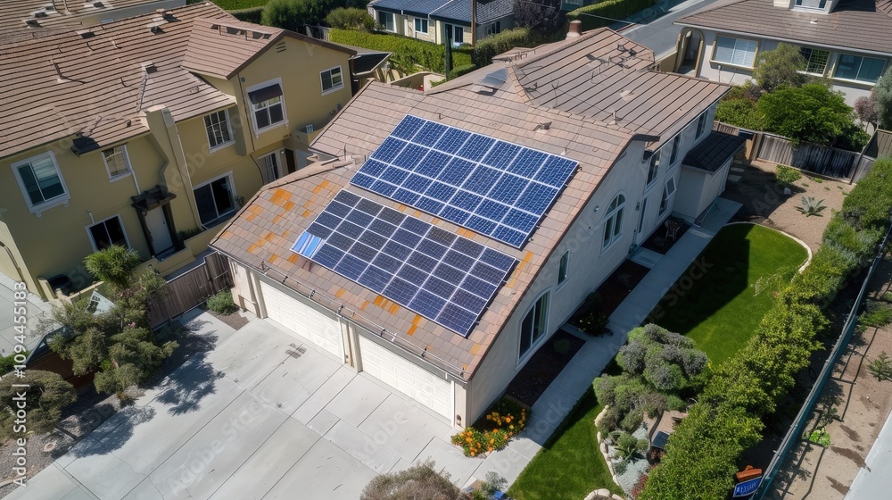 Solar Panels on Residential Roof Top View Solar Panels on Residential Roof Top View
