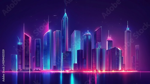 Neon City Skyline Reflecting in Water at Night