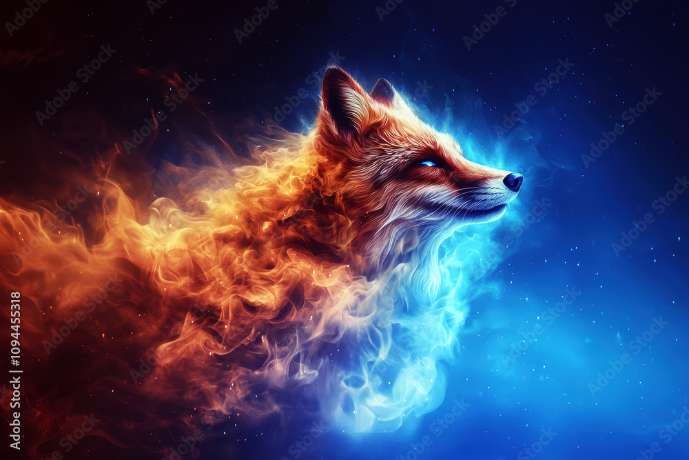 A fox is shown with flames and smoke surrounding it A fox is shown with flames and smoke surrounding it