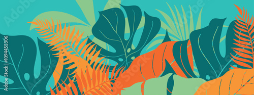 Abstract tropical leaves vector illustration on a dark background. Cartoon flat design of a variety of colorful leaves in a tropical style. The vibrant colors and abstract shapes create a lush
