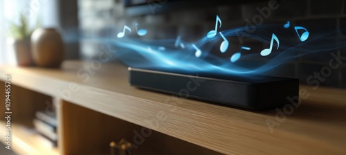 Modern soundbar emitting music notes, creating a vibrant and lively atmosphere.