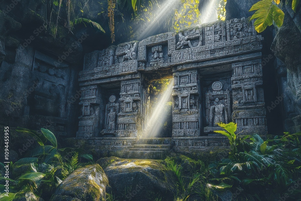 Obraz premium Ancient stone structure surrounded by lush vegetation and sunlight beams.