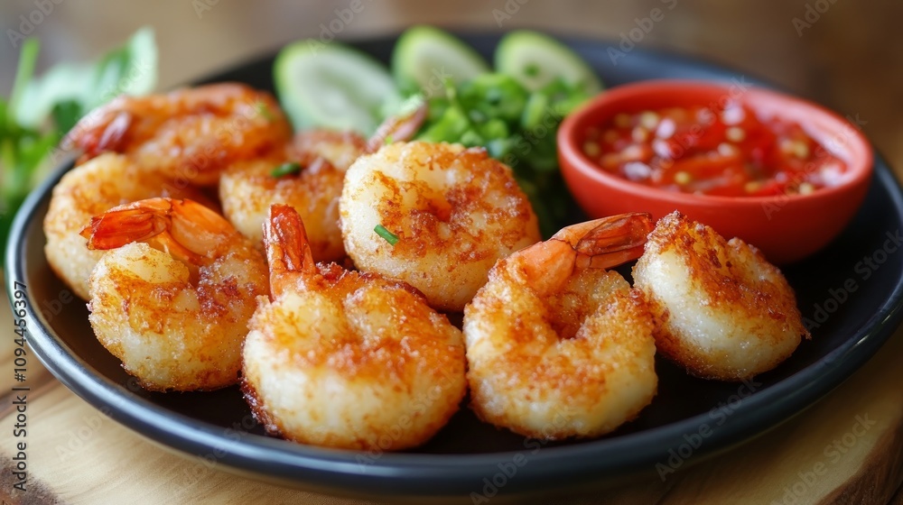 Close-up of golden-brown coconut shrimp on a dark plate with a spicy red dipping sauce and fresh herbs. Close-up of golden-brown coconut shrimp on a dark plate with a spicy red dipping sauce and fresh herbs.