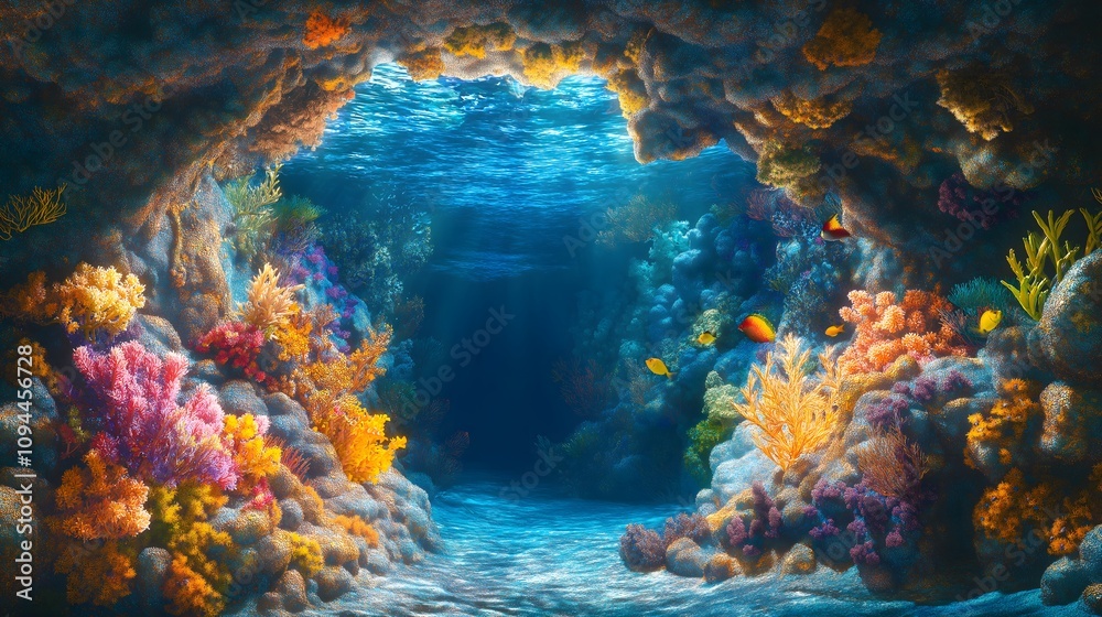 Obraz premium Vibrant Coral Reef in Underwater Cave