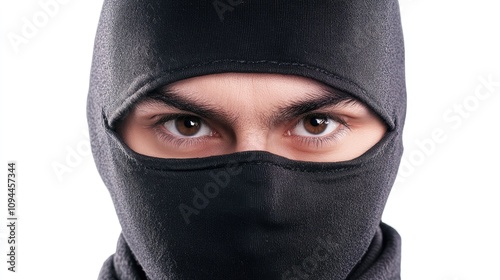 A young male figure in a black ninja mask, revealing intense eyes that convey focus and determination.