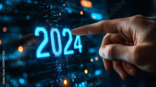 Businessmans hand holding the number 2025 with a laptop screen