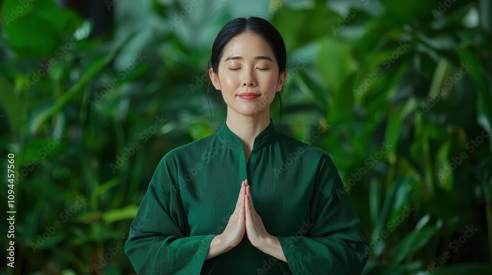 Wellness health and Natural remedies Concept, A serene woman in green attire practices mindfulness with her hands in prayer, surrounded by lush greenery. Wellness health and Natural remedies Concept, A serene woman in green attire practices mindfulness with her hands in prayer, surrounded by lush greenery.