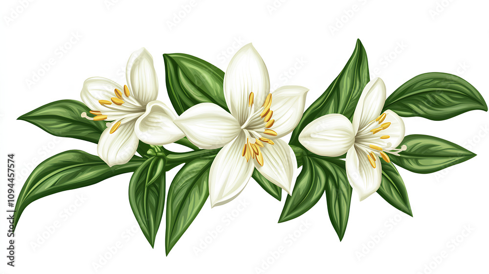 Fototapeta premium vanilla flower with pods and leaves isolated on white background 
