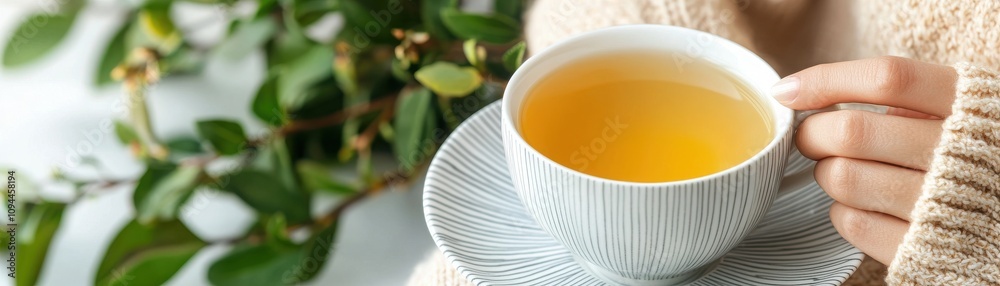 Wellness health and Natural remedies Concept, A cozy hand holds a cup of tea, surrounded by greenery, evoking warmth and relaxation in a tranquil setting. Wellness health and Natural remedies Concept, A cozy hand holds a cup of tea, surrounded by greenery, evoking warmth and relaxation in a tranquil setting.