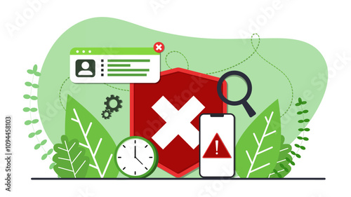 Error and attention background template. Design elements alert icon with phone, clock and dandruff. Backdrop with leafs. Design for wallpaper, web, background, banner. User information. 