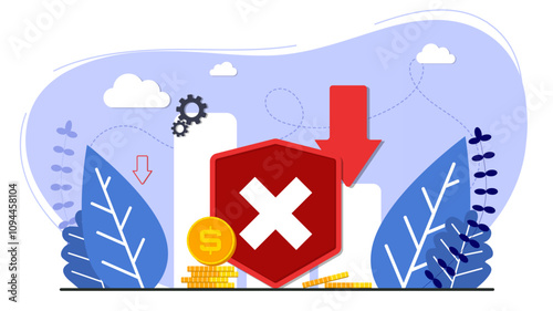 Error and attention background template. Design elements statistic downgrade, money coin. Backdrop with leafs. Design for wallpaper, web, background, banner. User information. Flat style. 