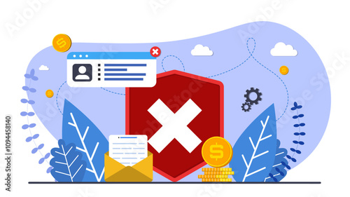 Error and attention background template. User page, mail and money coin. Backdrop with leafs. Design for wallpaper, web, background, banner. User information. Flat style illustration.
