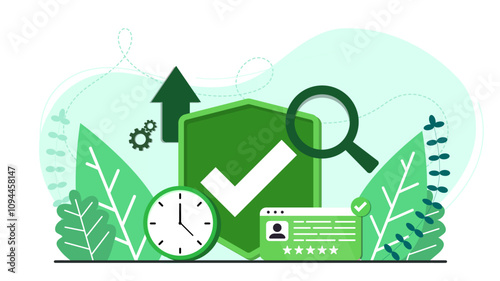 Accepting shield with user page, mail and money coin. Vector illustration. Accept background webpage template. Design for wallpaper, web, background, banner. Flat cartoon design. 