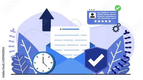 Mail concept background webpage template. Accepting shield with user page and mail. Design for wallpaper, web, background, banner. Flat cartoon design. 