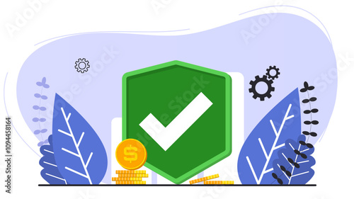 Accept background webpage template. Accepting shield with money coins and gears. Design for wallpaper, web, background, banner. Flat cartoon design.