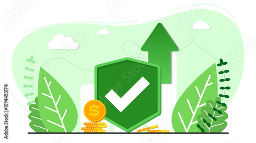 Accept background webpage template. Accepting shield with arrow up and money coins. Design for wallpaper, web, background, banner. Flat cartoon design.
