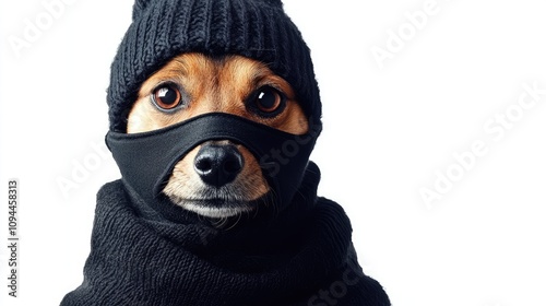 A small tan dog dressed in a black beanie and scarf, exuding a playful, undercover vibe against a white background.