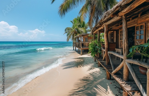 Charming beach house on stilts with white sand beach.