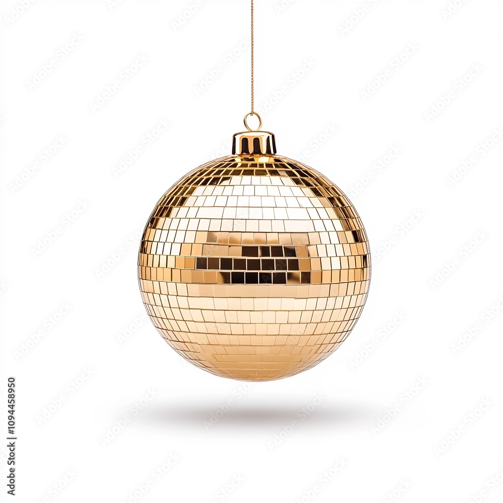 Obraz premium Captivating Reflection of Golden Disco Ball Suspended on White Background