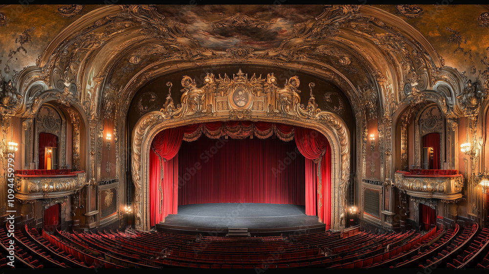 Obraz premium The red curtain of the theater stage is opened, creating an atmosphere full of mystery and anticipation for the performers to appear. The background features classical architecture with dim lighting, 
