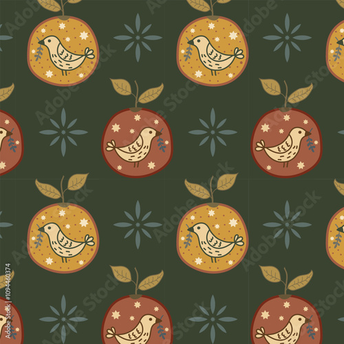 Festive pattern with oranges and dove birds in earth tones on khaki green