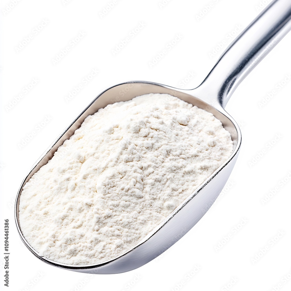 Macro Close up of Wheat Flour in Metal Scoop on White Background Macro Close up of Wheat Flour in Metal Scoop on White Background