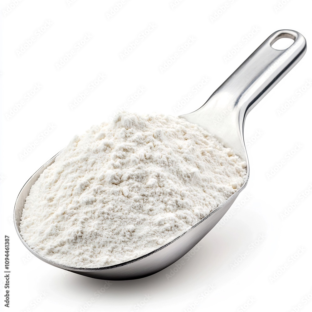 Macro Shot of Wheat Flour in Metal Scoop on White Background Macro Shot of Wheat Flour in Metal Scoop on White Background