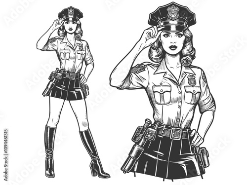 Pin-up female police officer in a confident pose, authority with vintage fashion charm sketch engraving generative ai fictional character vector illustration. Scratch board. Black and white image.