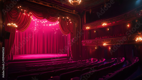 The red curtain of the theater stage is opened, creating an atmosphere full of mystery and anticipation for the performers to appear. The background features classical architecture with dim lighting, 