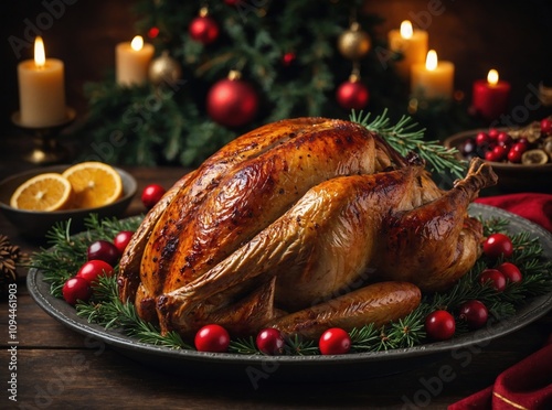 Sliced baked Christmas turkey garnished with fresh herbs and served on a festive holiday platter photo