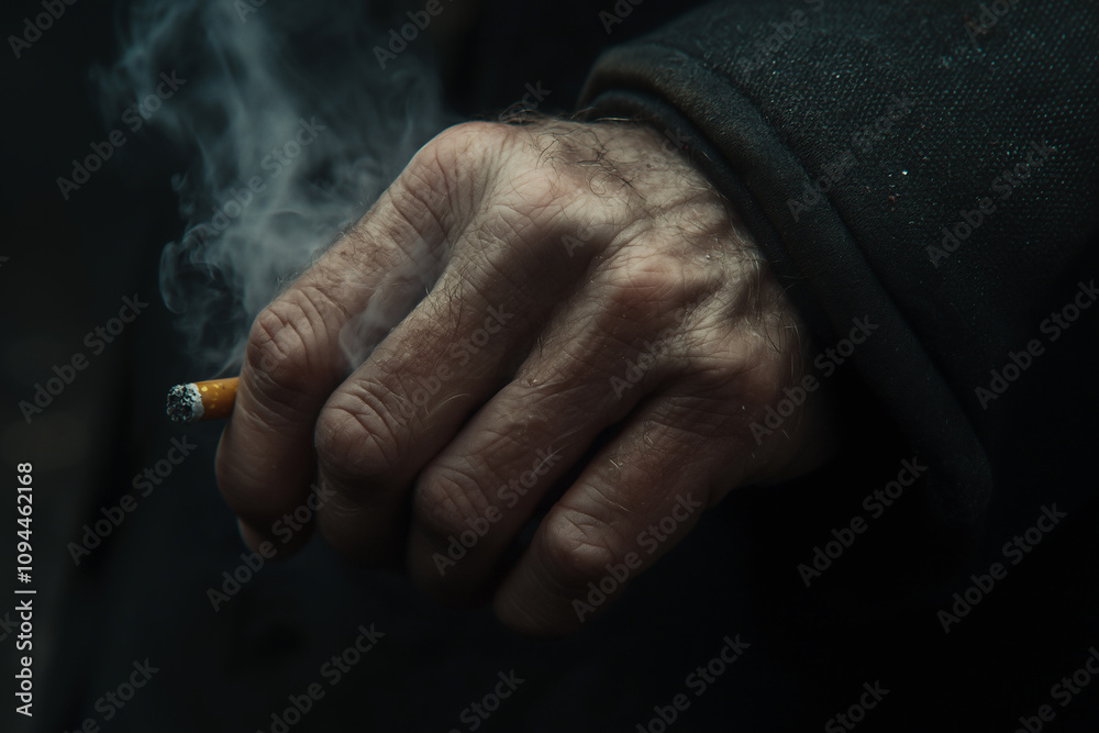 Fototapeta premium Hand holding a cigarette with smoke drifting in the air. Generative AI