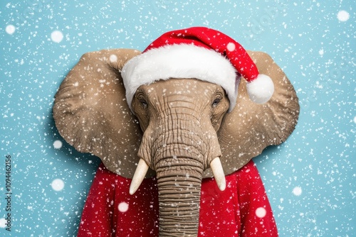 A large elephant wearing a red Santa hat and a red shirt