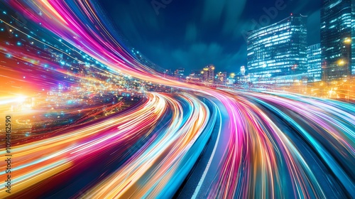 Vibrant city lights with motion blur effect.