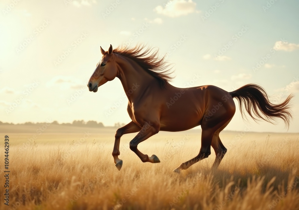 Horse galloping across a golden field during sunset near a serene landscape Horse galloping across a golden field during sunset near a serene landscape