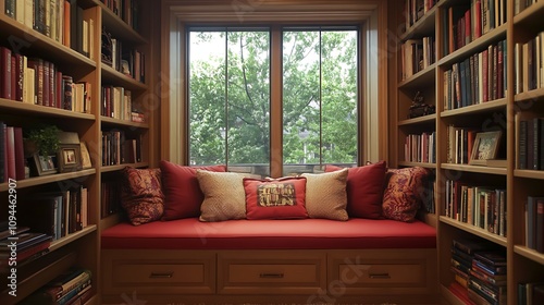 Cozy Reading Nook with Window Seat and Built-in Bookshelves. AI Generated