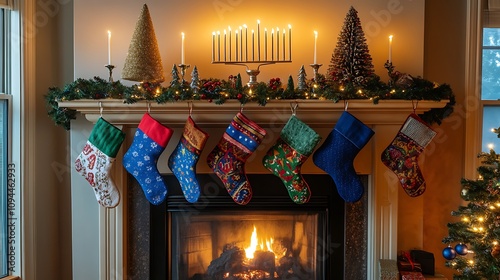 A warm living room scene with a menorah atop a mantel, stockings and Hanukkah decorations blending traditions, soft candlelight creating flickering shadows, a joyful and harmonious holiday mood photo