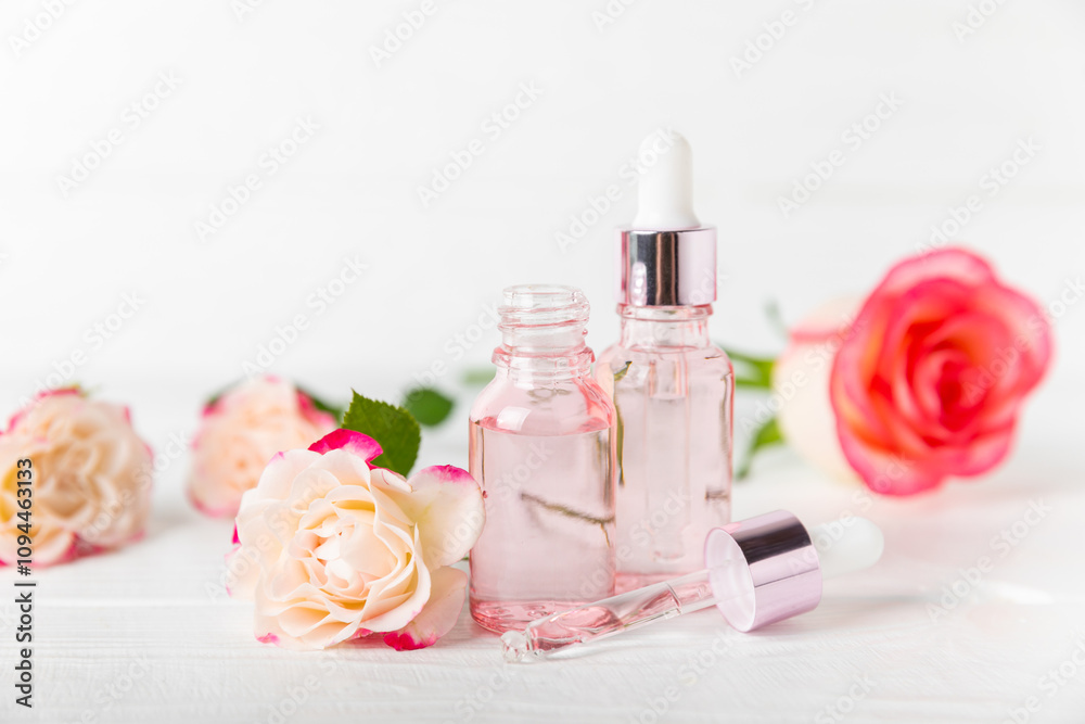 Rose essential oil on a textured background.Roses and a bottle of rose perfumed water.Aromatherapy treatment. Beauty concept. Spa procedure.Natural organic oil.Anti-stress,detox relax.Place for text Rose essential oil on a textured background.Roses and a bottle of rose perfumed water.Aromatherapy treatment. Beauty concept. Spa procedure.Natural organic oil.Anti-stress,detox relax.Place for text