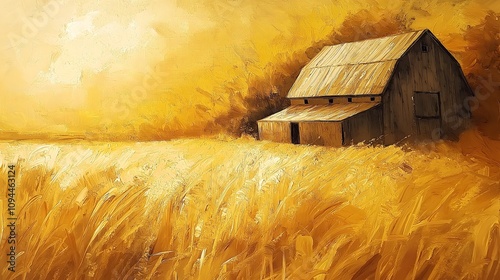 Golden Field Barn Painting, Rustic Farmhouse Art