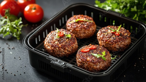 Burgers in Air Fryer Basket with Fresh Ingredients