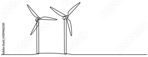 Wind Turbine Continuous Line Icon. Hilly landscape with wind farm turbines energy continuous one line icon drawing. Renewable source green energy concept vector illustration. Contour one line sign 