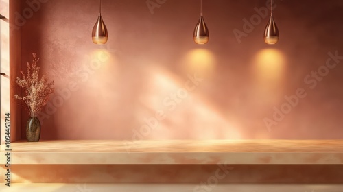Bright Modern Space with Countertops and Hanging Lights