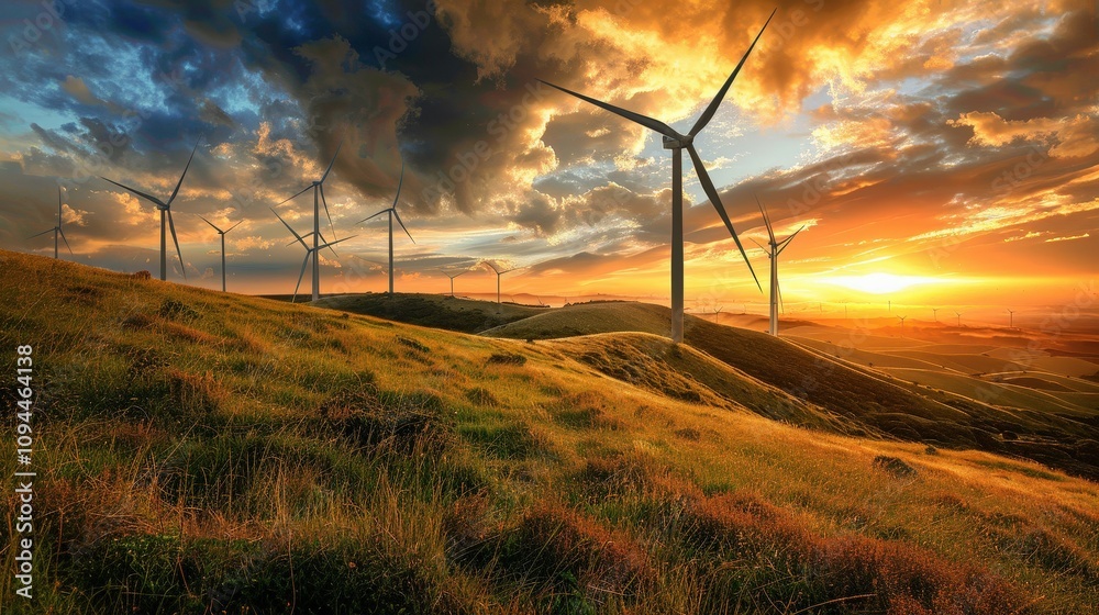 Obraz premium Stunning Sunset Over Wind Turbines on Rolling Hills