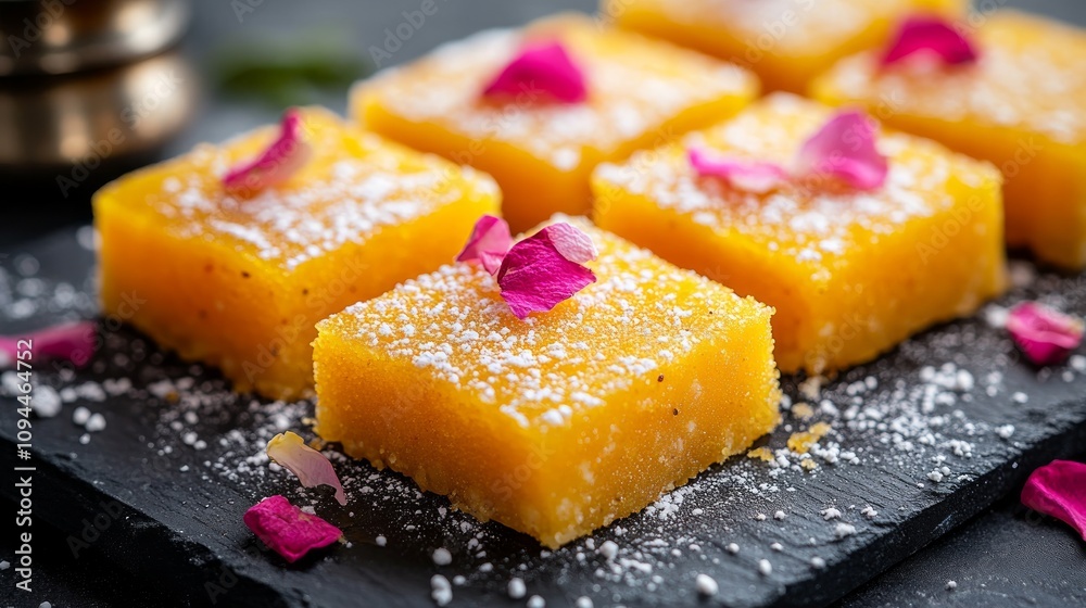 Close-up of six golden-yellow, square, sweet treats, dusted with white powder and adorned with pink rose petals, arranged on a dark slate. Close-up of six golden-yellow, square, sweet treats, dusted with white powder and adorned with pink rose petals, arranged on a dark slate.