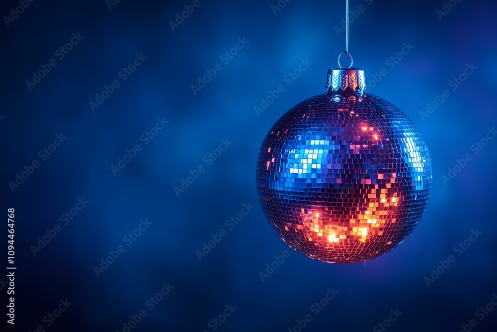 Fototapeta premium hanging discoball dark blue future dusk baubles on a dark blue background, representing the party. Web banner with copy space on the right.