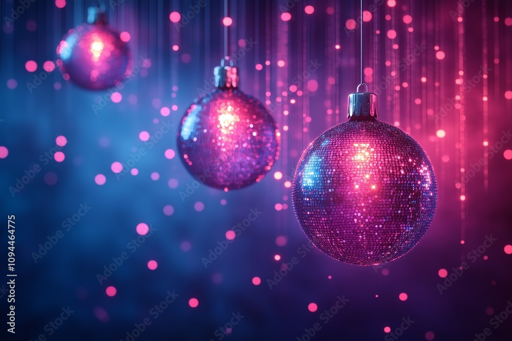 Obraz premium hanging discoball dark blue future dusk baubles on a dark blue background, representing the party. Web banner with copy space on the right. 