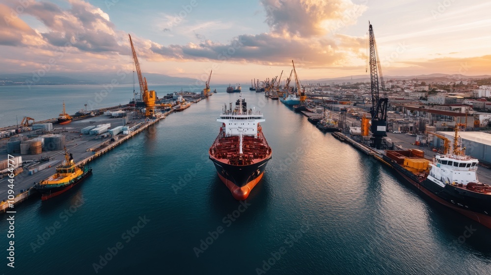 Fototapeta premium Aerial View of Busy Port with Cargo Ship and Cranes Under Cloudy Sunset Sky Reflecting on Calm Water in Industrial Harbor Setting
